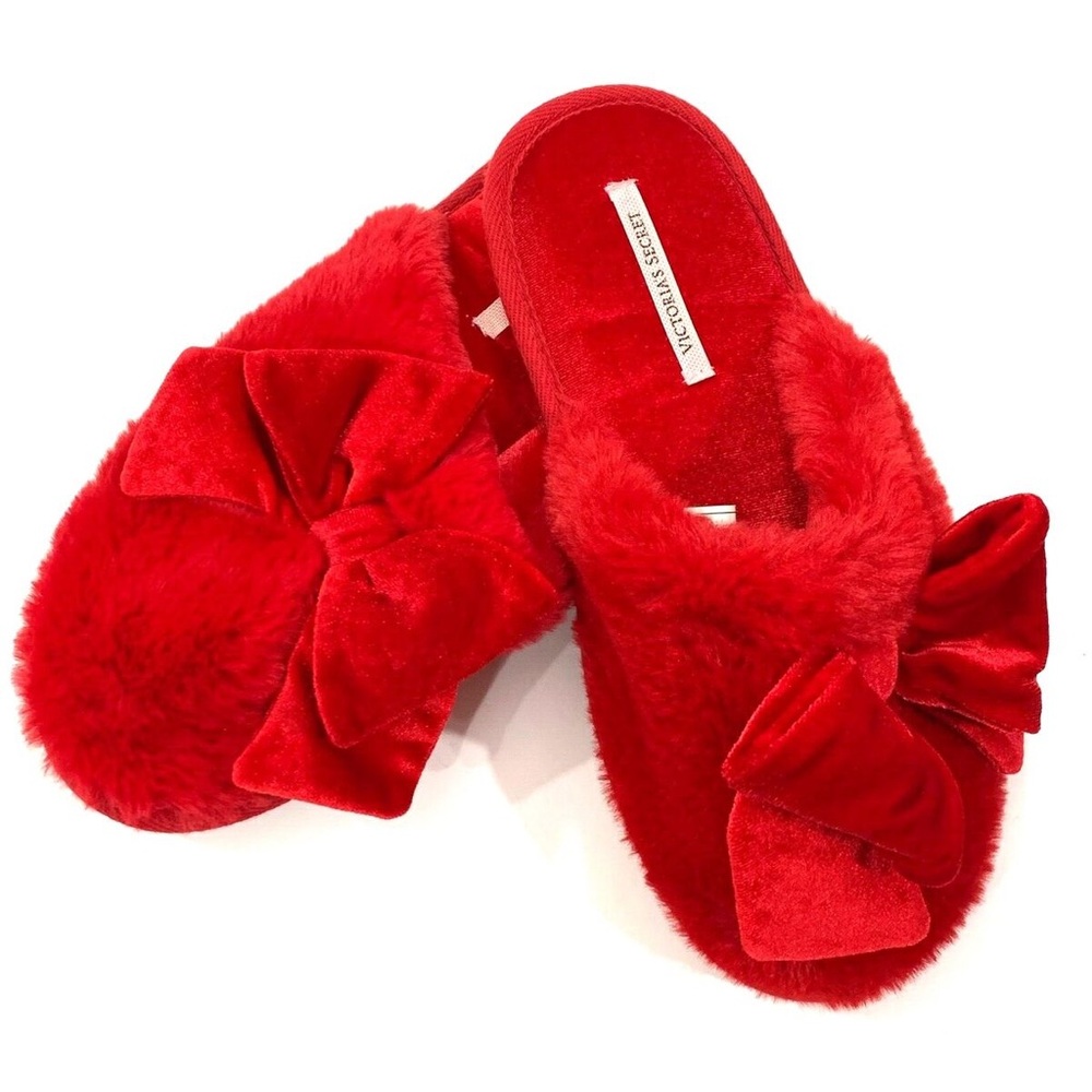 Victorias Secret Faux Fur Bow Fuzzy Slides Slippers Red size large